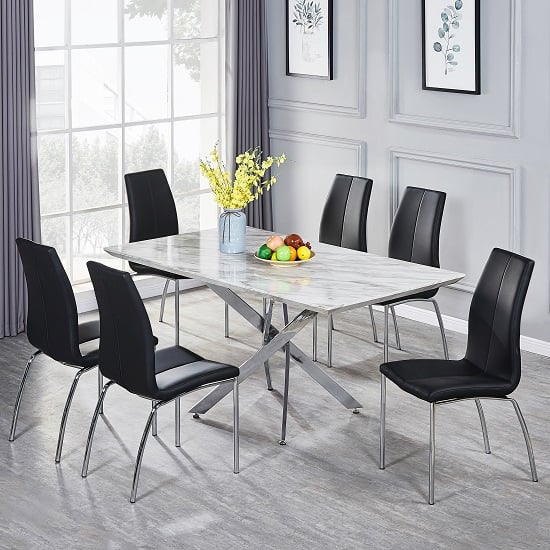 Deltino Magnesia Marble Effect Dining Table 6 Opal Black Chairs